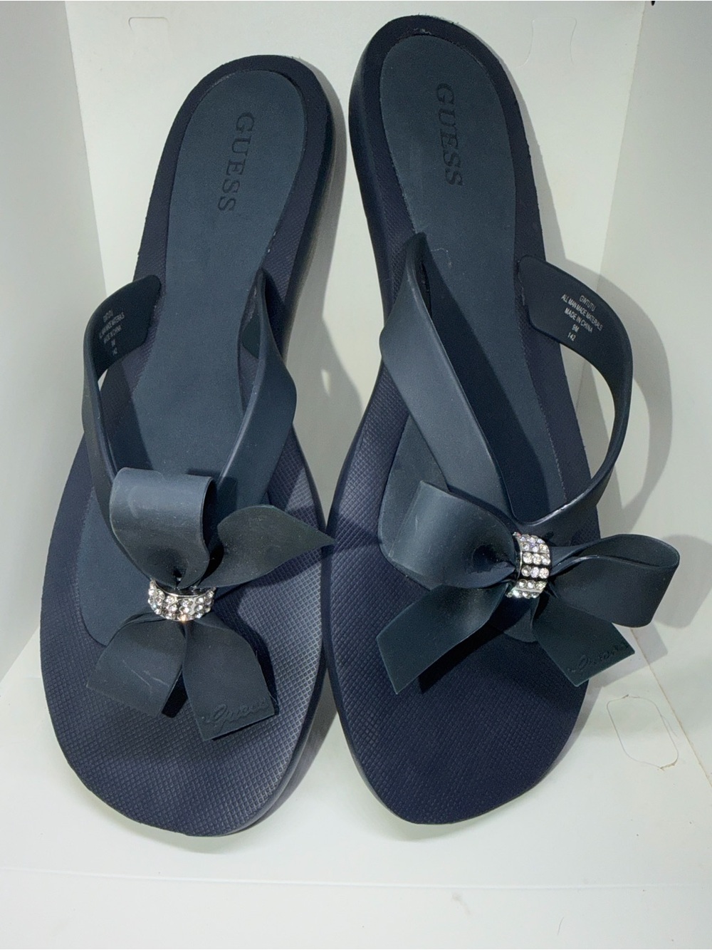 GUESS Navy Bow Rhinestone Flip Flop Sandals